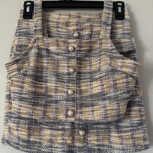 Almost Famous Pearl-Button Tweed Mini Skirt in Cream and Blue Plaid
